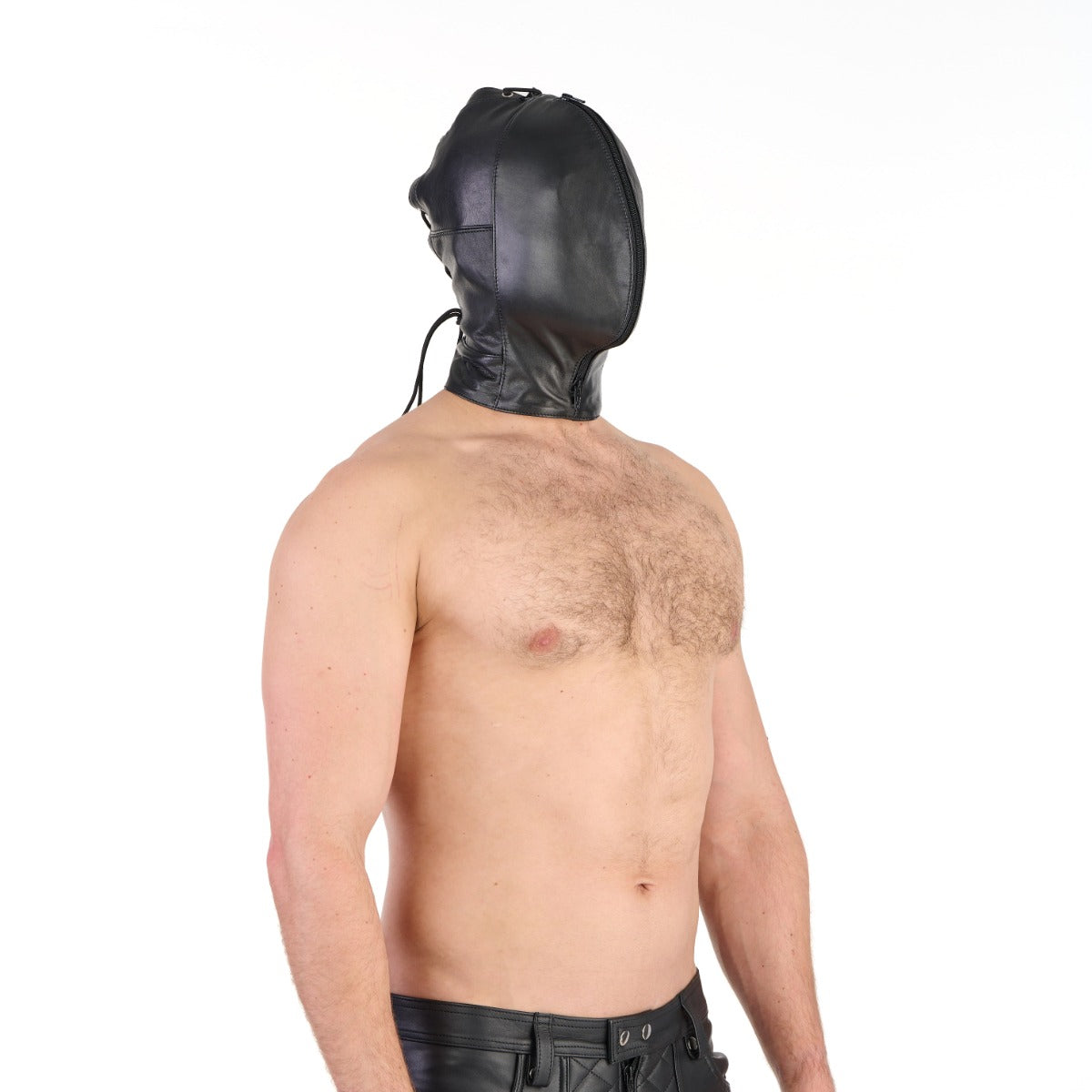 Model wearing Prowler RED Leather Double Hood with Front Zipper rotated view