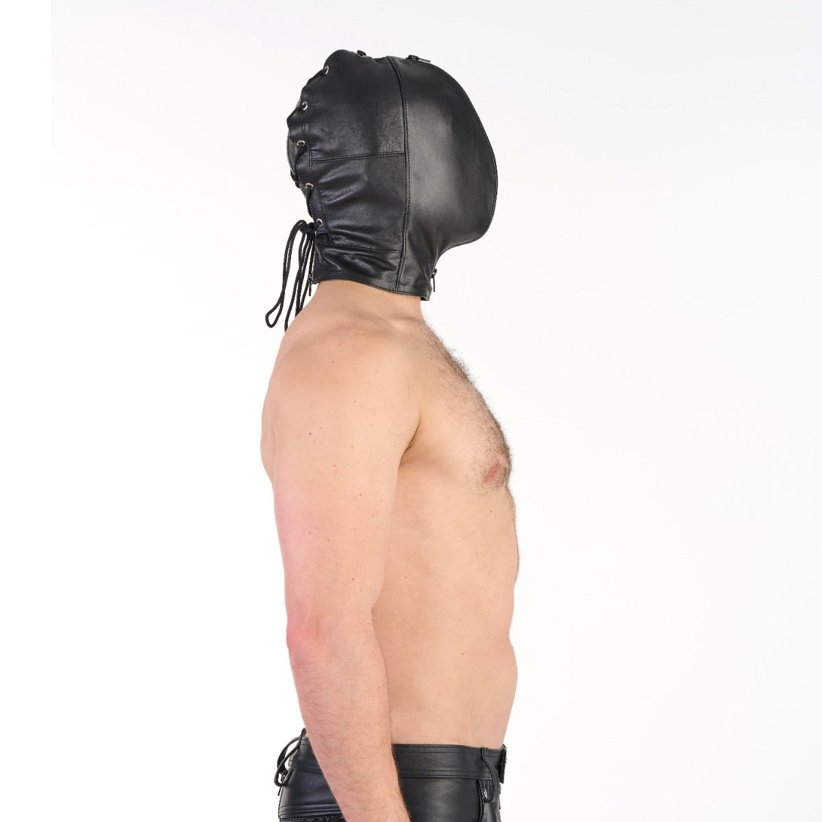 Model wearing Prowler RED Leather Double Hood with Front Zipper side view