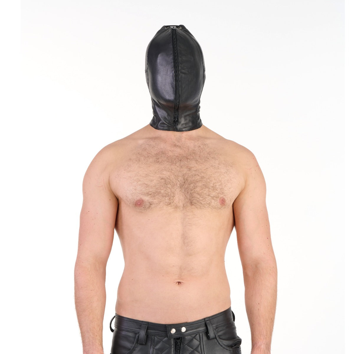 Model wearing Prowler RED Leather Double Hood with Front Zipper closed
