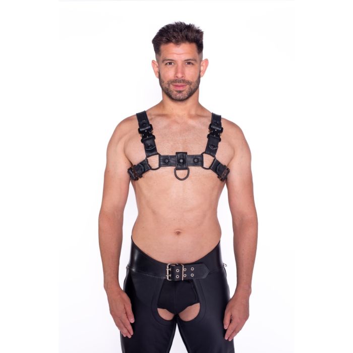 Prowler RED Leather Bull Harness with Black Fittings pairing suggestion for gay fetish wear look.