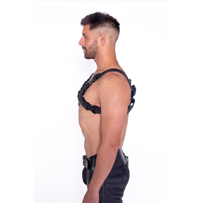 Prowler RED Leather Bull Harness with Black Fittings side view showing bold fetish look.