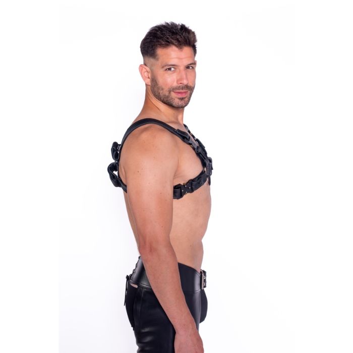 Prowler RED Leather Bull Harness with Black Fittings alternative side view for gay fetish look