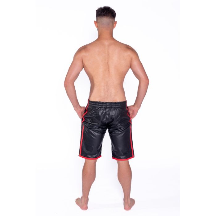 Rear View of Prowler RED Leather Long Sports Shorts Black/Red worn by a topless male model.