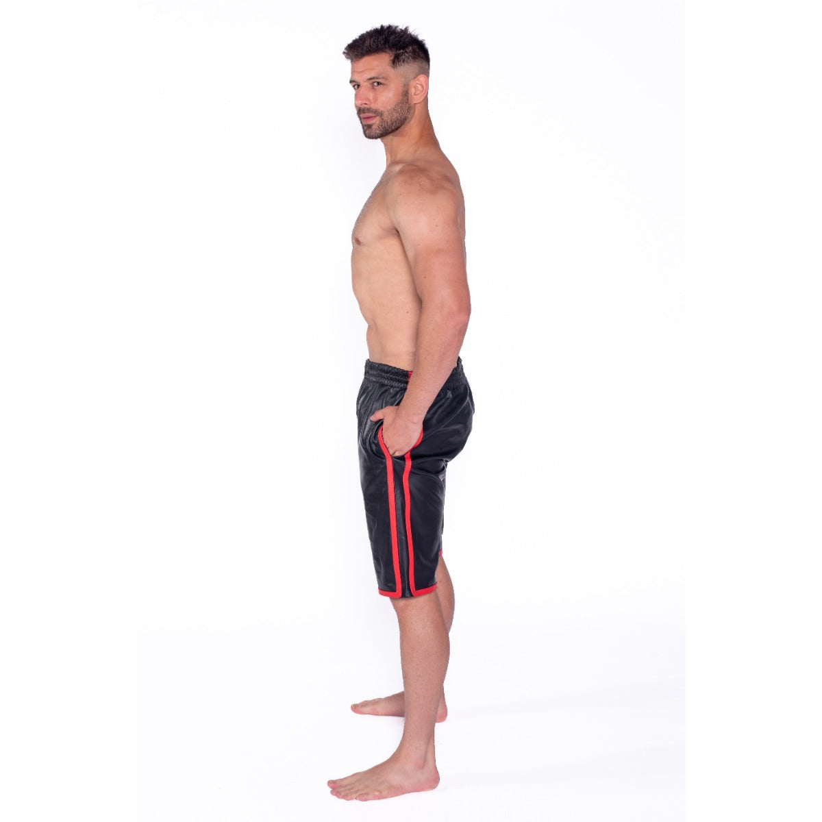 Prowler RED Leather Long Sports Shorts Black with Red on model side view