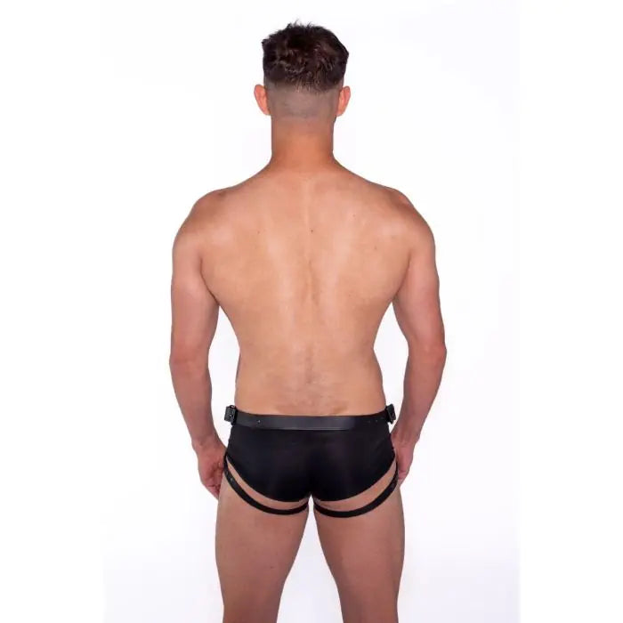 Rear view of model wearing Prowler RED Leather Dong Harness