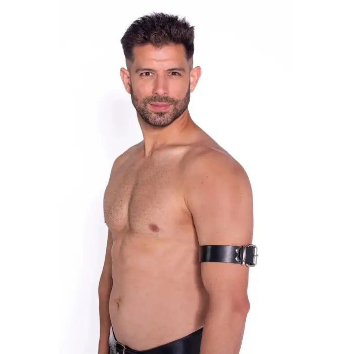 Prowler RED Leather Bicep Strap Buckle on model