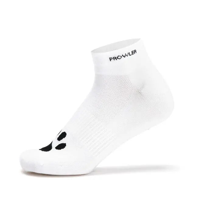 Prowler RED Sniff Ankle Socks side view showing white socks with the Prowler paw logo on the toe section and the Prowler printed at the top.