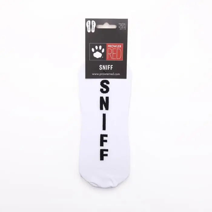 Prowler RED  Sniff Ankle Socks showing the packaging and Sniff printed on the sole