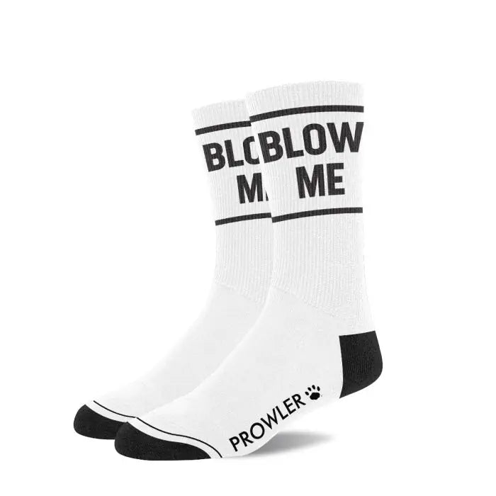 Prowler RED Blow Me Socks showing 2 white socks with 'Blow Me' written on the top and Prowler logo at the bottom.
