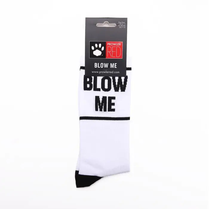 White sock with 'Blow Me' text on a black background, featuring Prowler RED logo on the packaging.