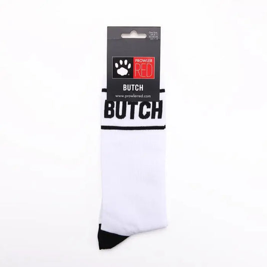Prowler RED Butch Stocks - White socks with 'BUTCH' text and packaging on a white background