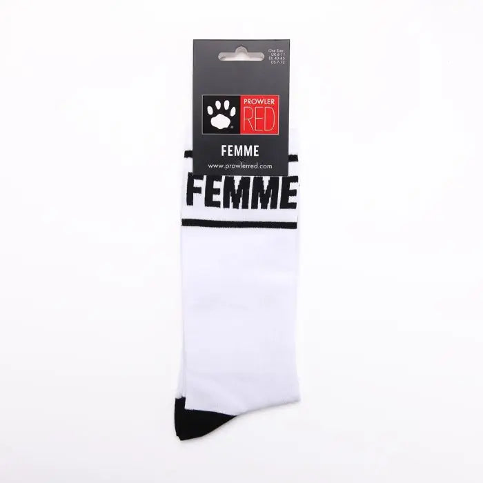 Prowler RED Femme White socks with black packaging with the Prowler RED logo, with a white background