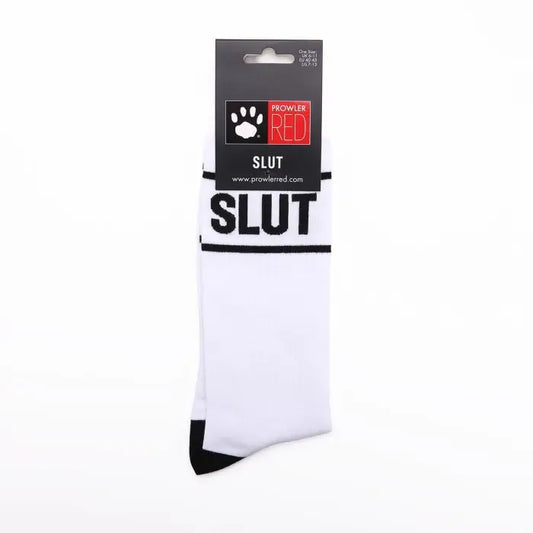 Prowler RED White Slut sock packaging with 'SLUT' text against a white background