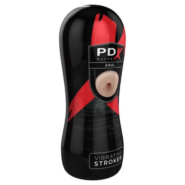 PDX Elite Vibrating Anal Stroker side upright view of male stroker