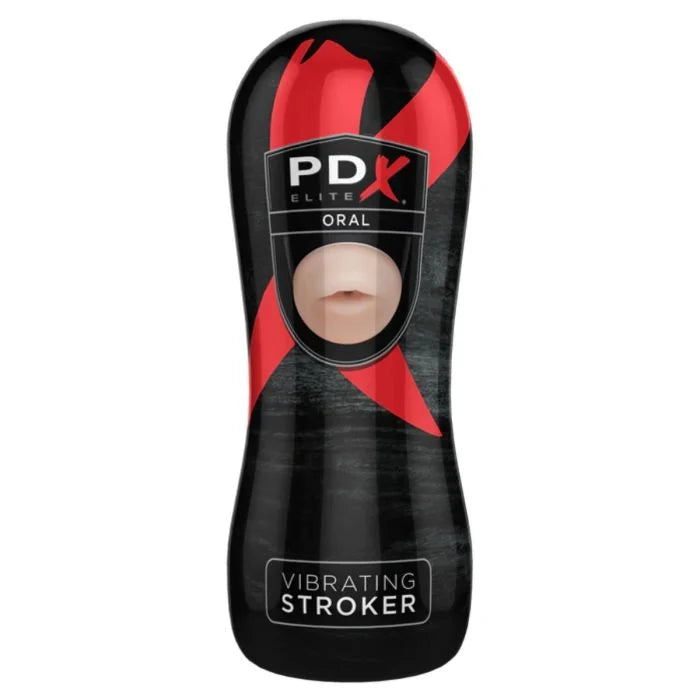 PDX Elite Vibrating Oral Stroker upright showing branding and opening of powerful male masturbator.