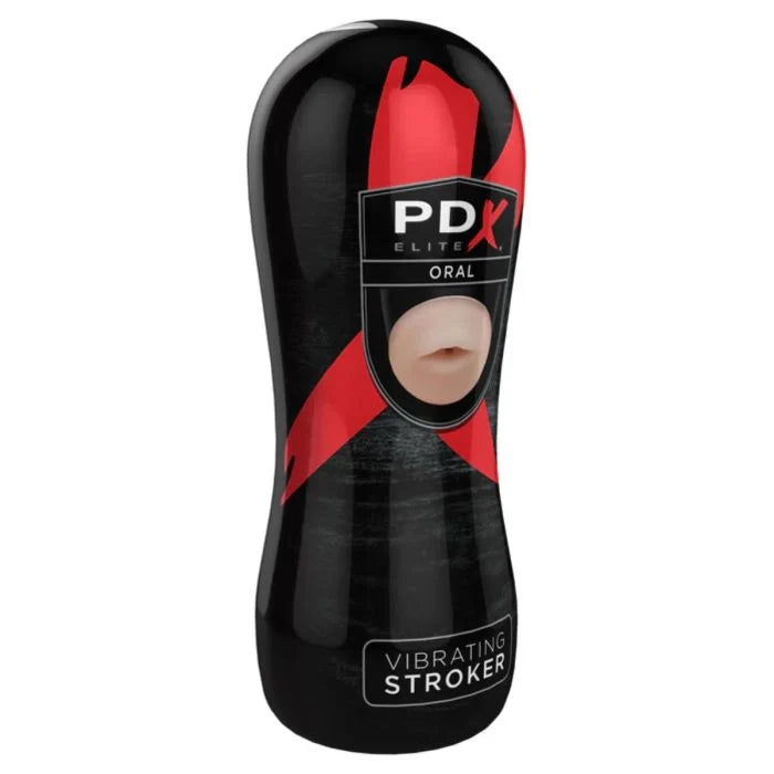 PDX Elite Vibrating Oral Stroker upright side view showing male masturbator ready for action.