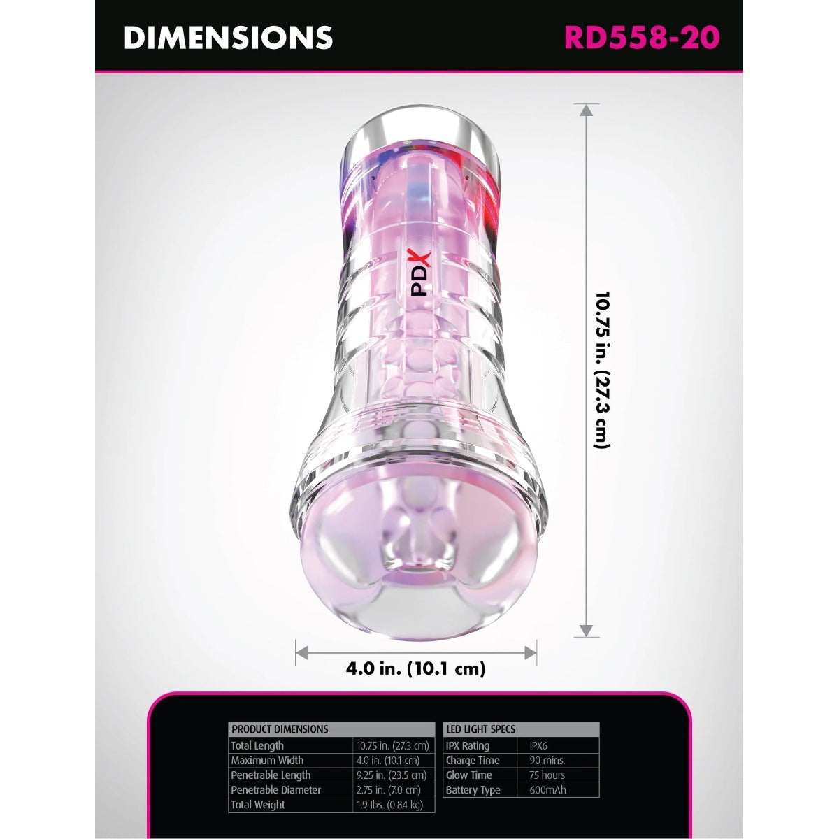 PDX Elite ViewTube XXL See Thru EZ Grip LED Stroker Clear dimensions graphic