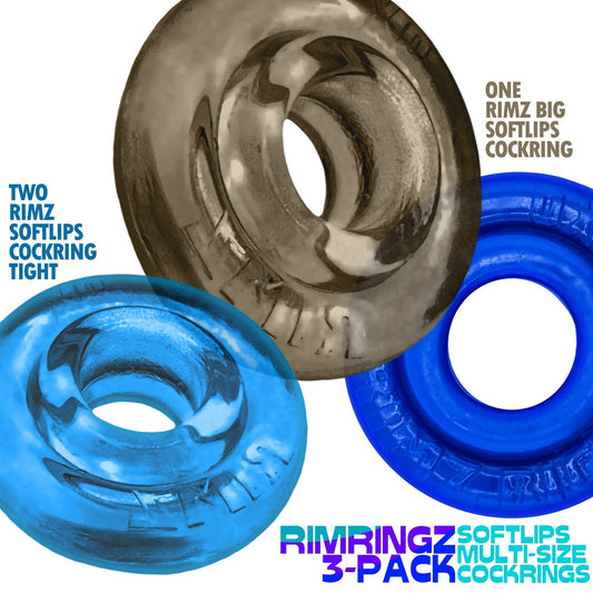 Oxballs RIMRINGZ 3 Pack Cock Rings Cool Blues graphic showing different rings
