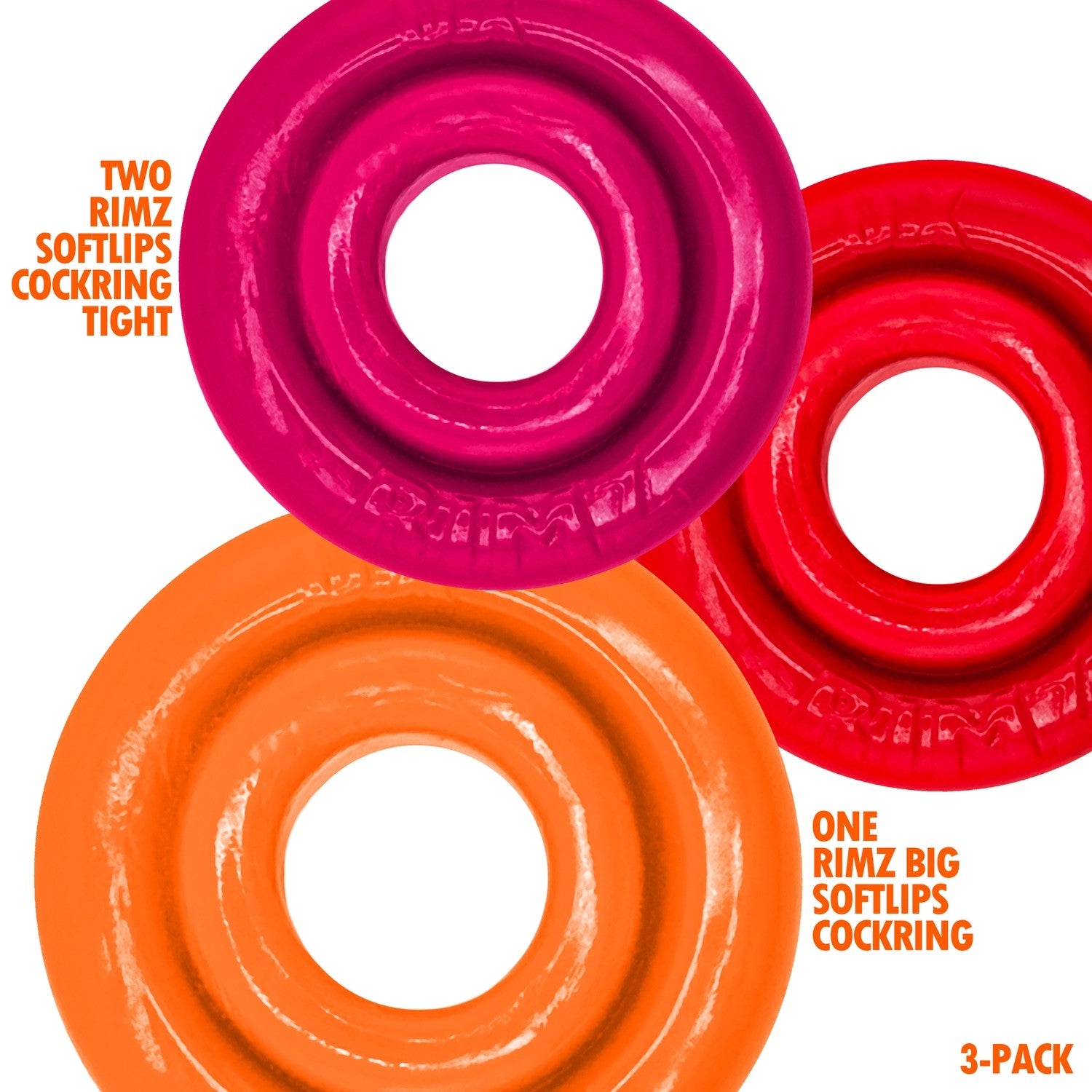 Oxballs RIMRINGZ 3 Pack Cock Rings Fire Hots graphic showing different sizes