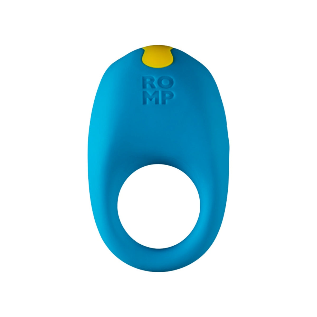 ROMP Juke blue silicone vibrating cock ring with yellow control button
