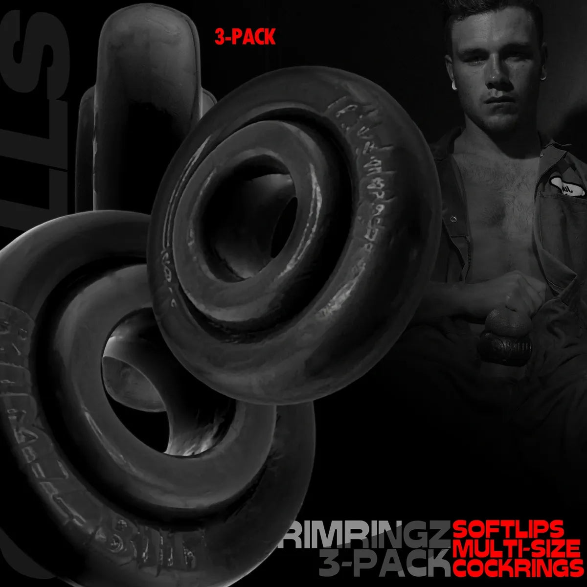 Oxballs RIMRINGZ 3 Pack Black graphic showing the softlips multi-size cock rings.