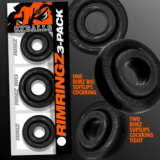 Oxballs RIMRINGZ 3 Pack Black packaging showing 2 medium and 1 large premium silicone cock rings.
