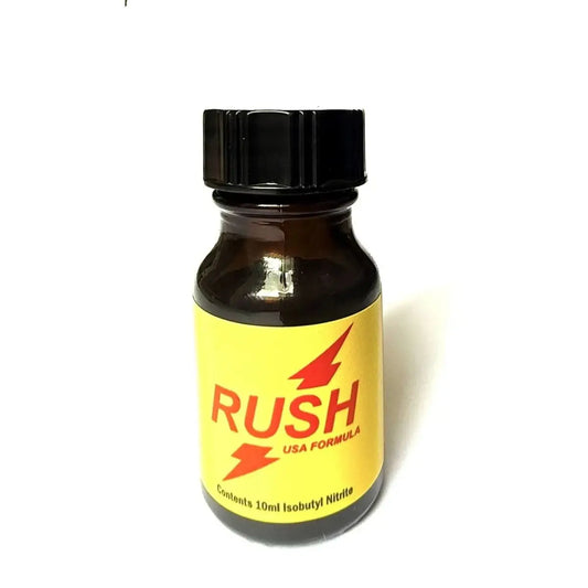 A 10ml bottle of Rush USA Formula containing Isobutyl Nitrate, featuring a yellow label with red text and lightning bolts, and a black cap, set against a plain white background.