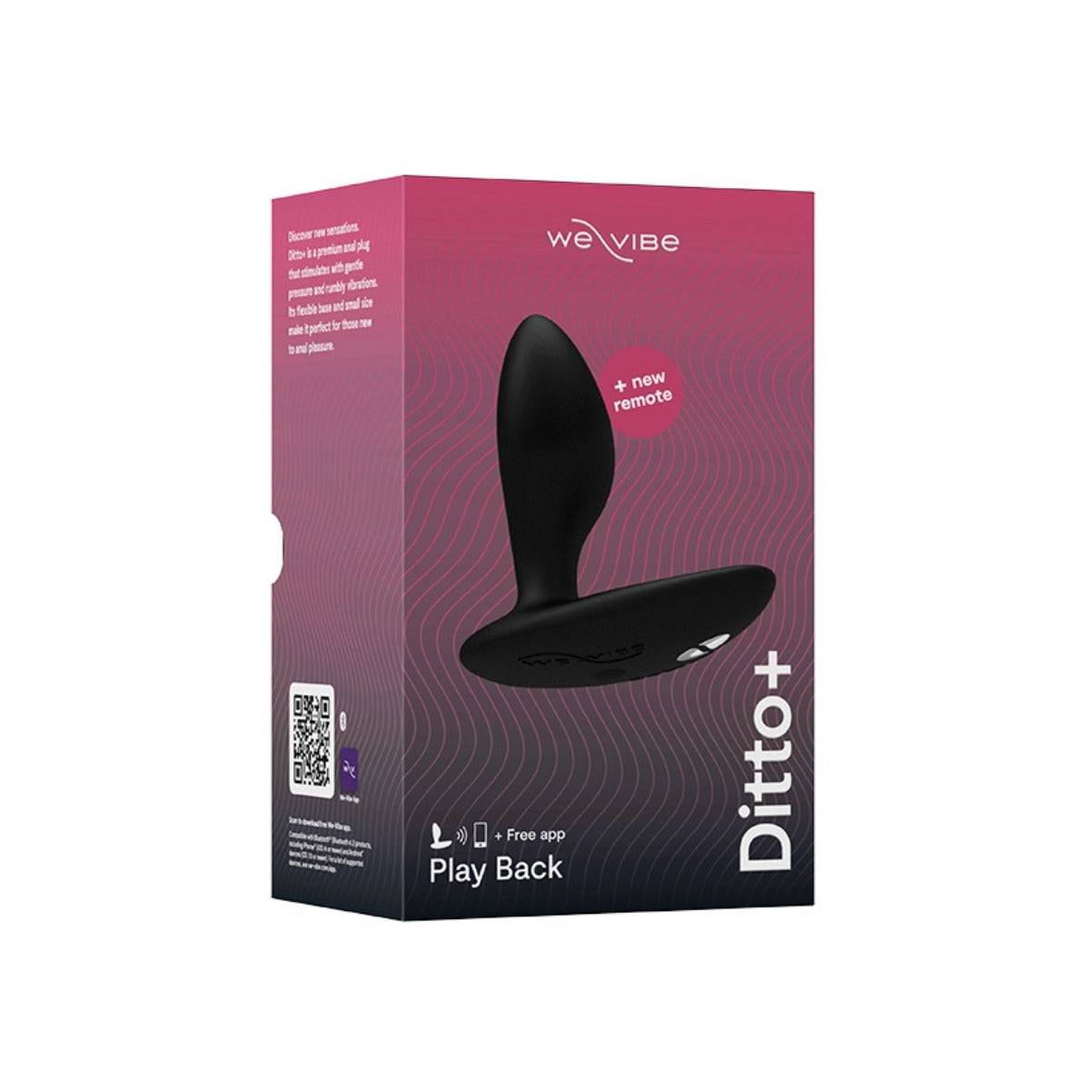 We-Vibe Ditto+ Vibrating Anal Plug Satin Black packaging front and side