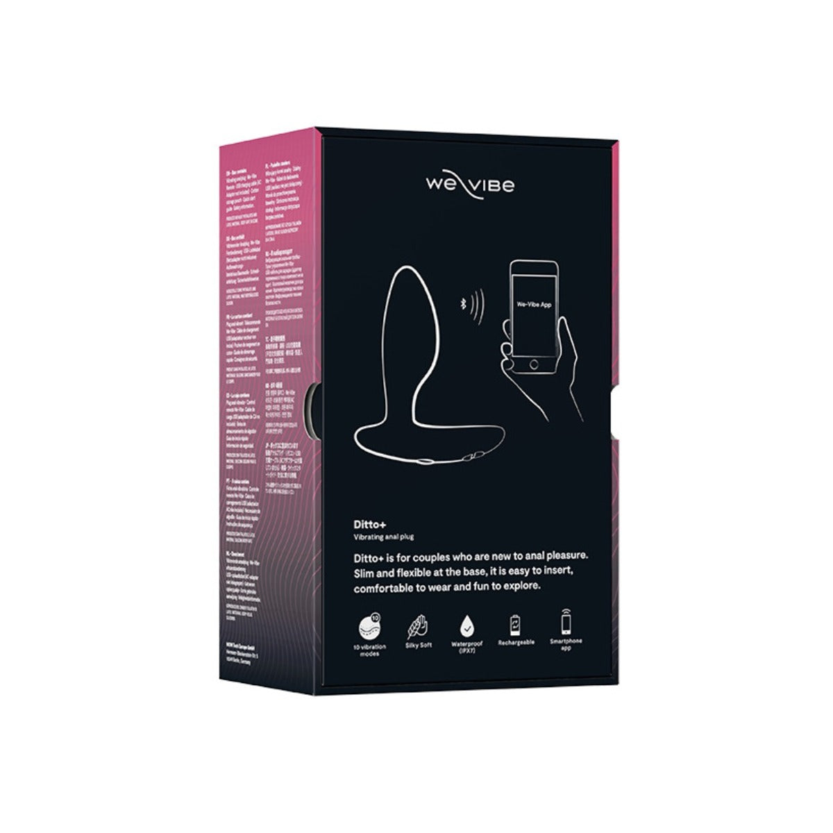 We-Vibe Ditto+ Vibrating Anal Plug Satin Black packaging rear and side