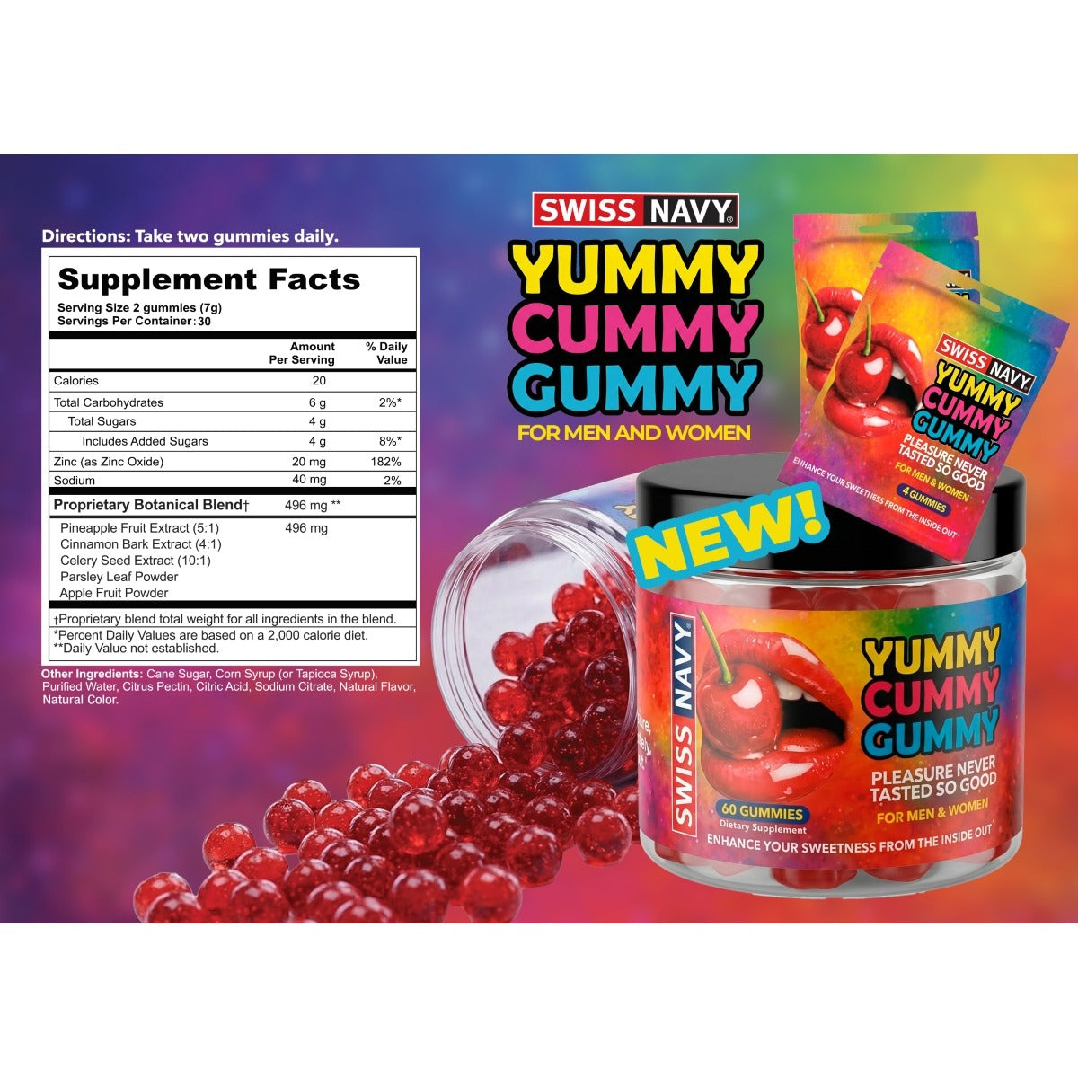 Yummy Cummy Gummy 60 Piece Jar graphic showing the supplement facts