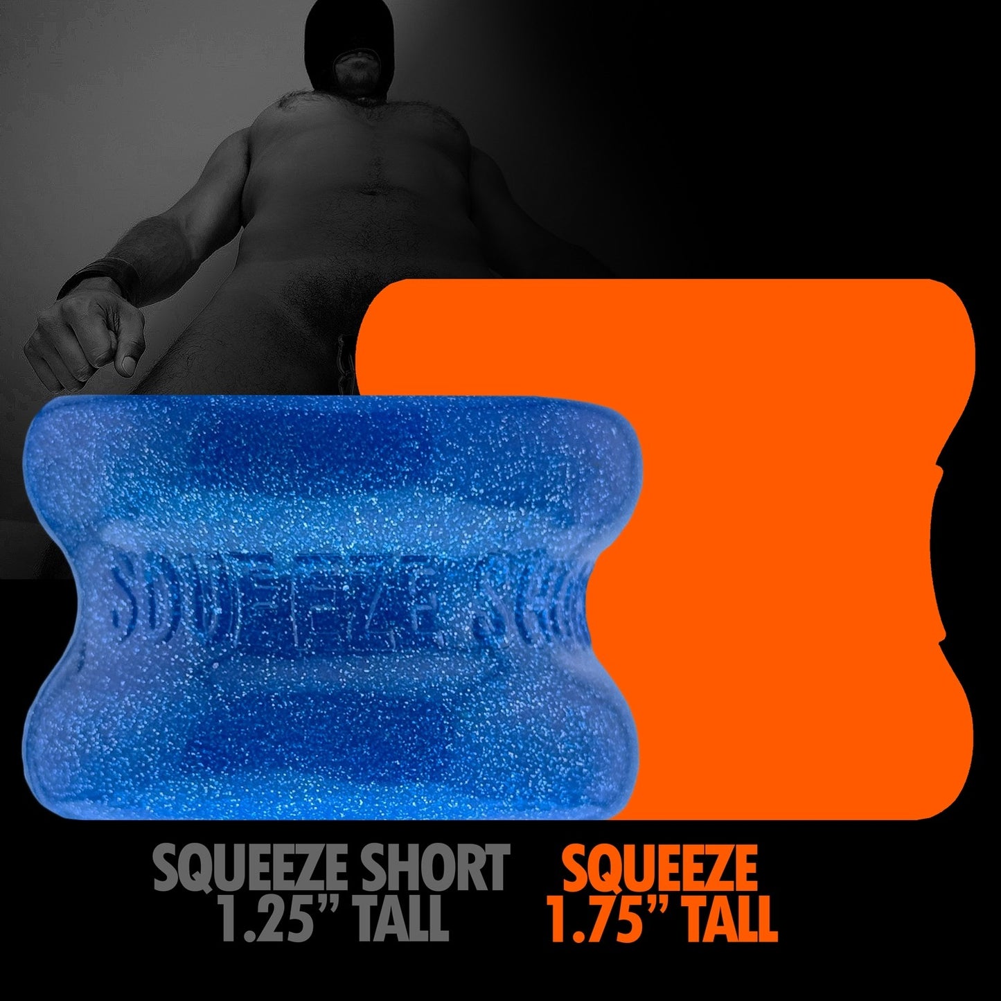 Oxballs SQUEEZE SHORT Ball Stretcher Blue Fire graphic showing size comparison with Squeeze Tall