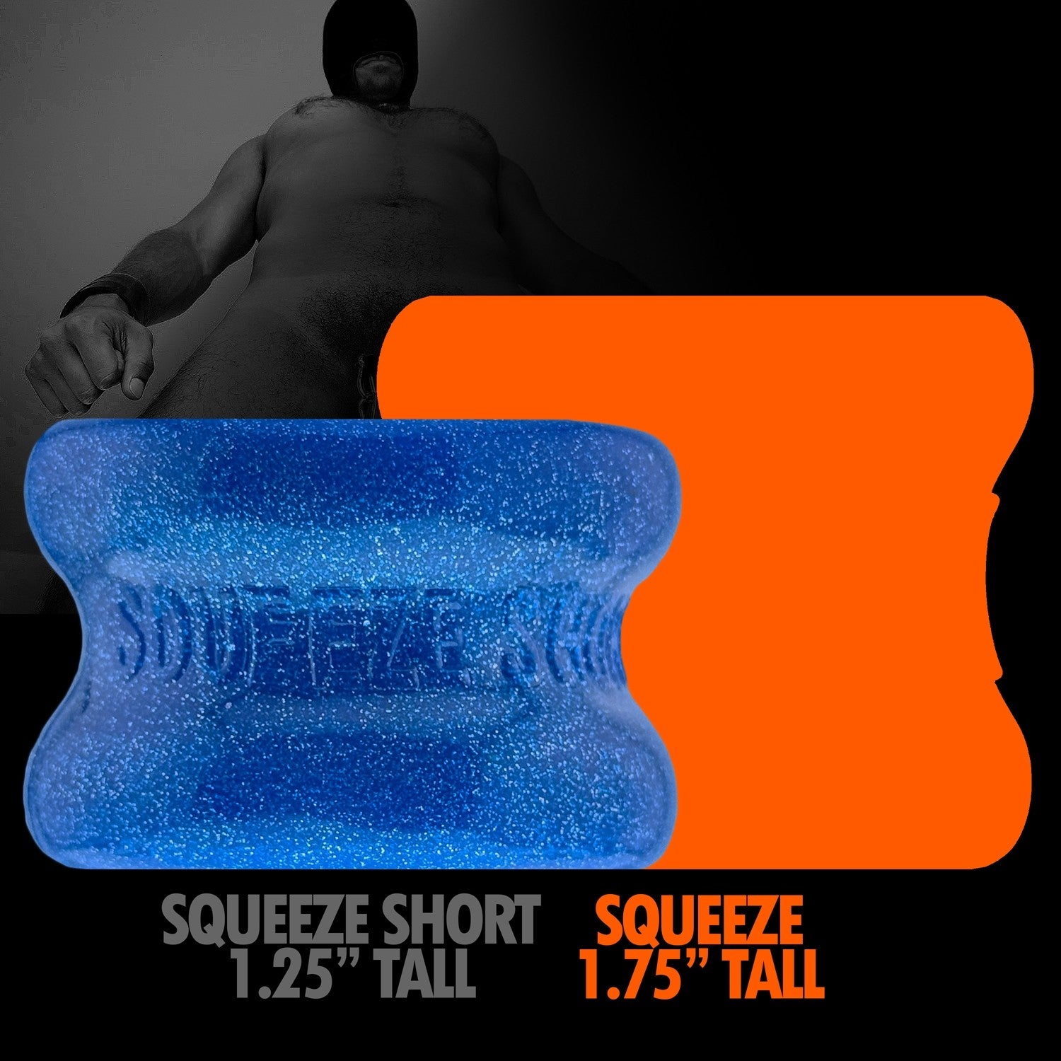 Oxballs SQUEEZE SHORT Ball Stretcher Blue Fire graphic showing size comparison with Squeeze Tall
