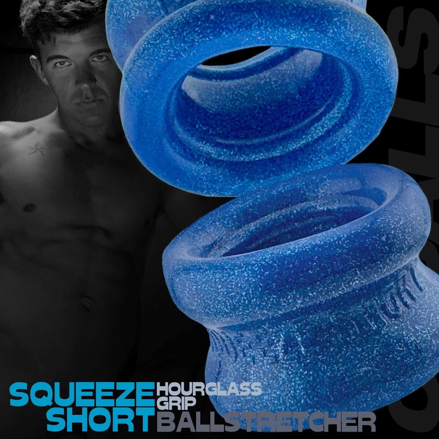 Oxballs SQUEEZE SHORT Ball Stretcher Blue Fire with model