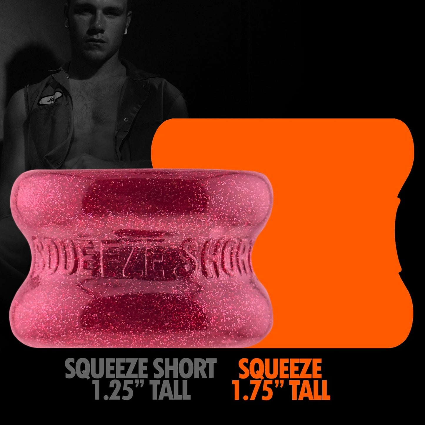Oxballs SQUEEZE SHORT Ball Stretcher Cherry Lips size comparison with Squeeze Tall