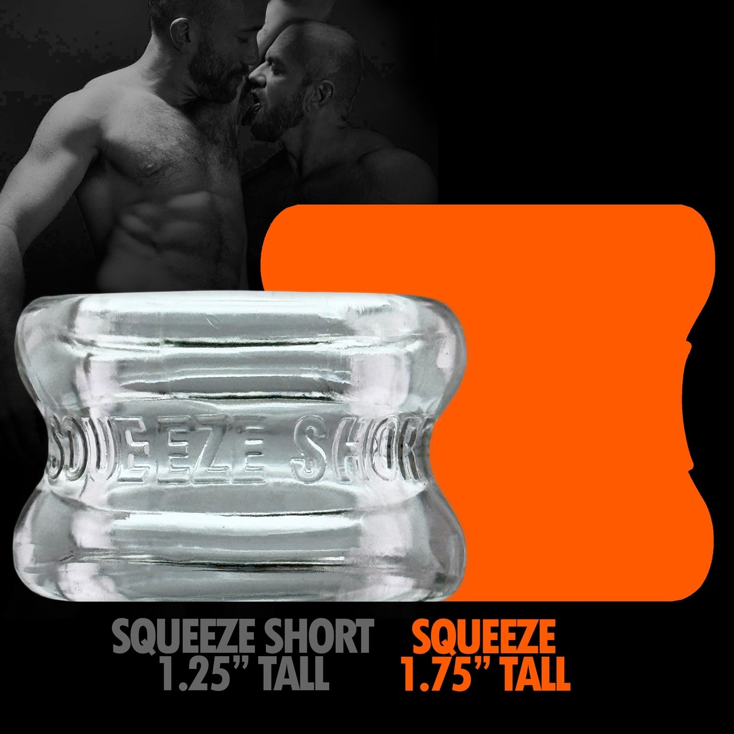 Oxballs SQUEEZE SHORT Ball Stretcher Clear graphic showing size comparison with Squeeze Tall