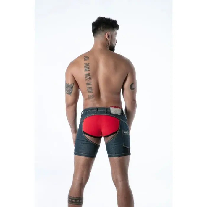 Model wearing TOF Paris Raw Denim Chap Shorts Blue rear view