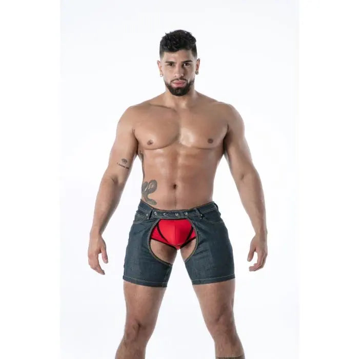 Model wearing TOF Paris Raw Denim Chap Shorts Blue front view