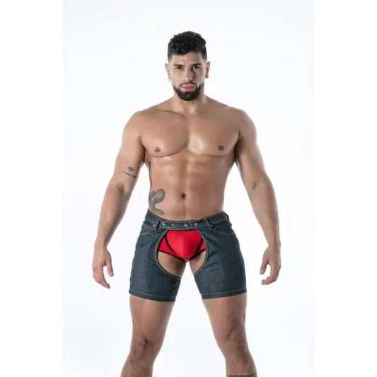 Model wearing TOF Paris Raw Denim Chap Shorts Blue front view