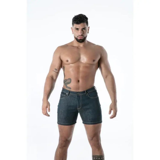 TOF Paris Raw Denim Backless Shorts blue low-rise fetish shorts front view French-made