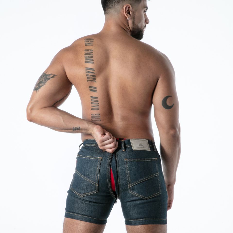 TOF Paris Raw Denim Full Zip Shorts blue full rear zip open fetish shorts French-made