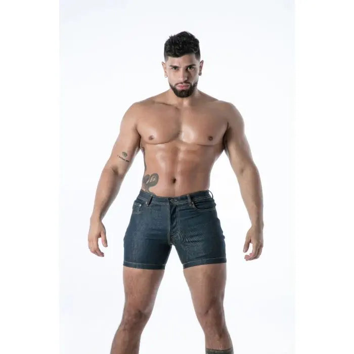 TOF Paris Raw Denim Full Zip Shorts blue front view low-rise fetish shorts French-made