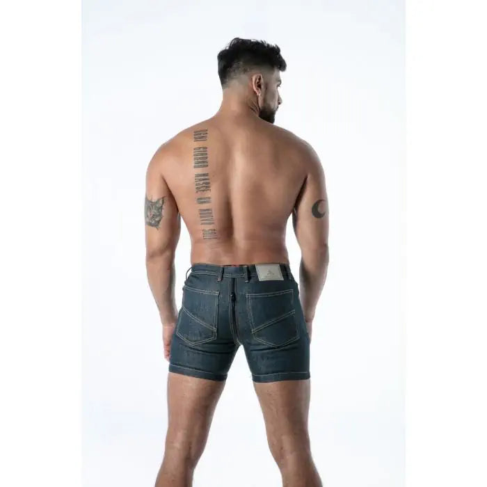 TOF Paris Raw Denim Full Zip Shorts blue rear view closed zip fetish shorts French-made