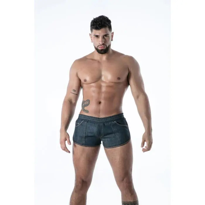 TOF Paris Raw Denim Retro Shorts blue low-rise drawstring fetish shorts front view French-made