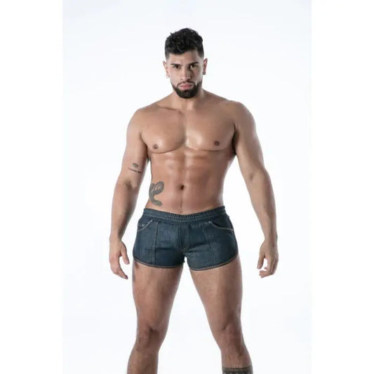 TOF Paris Raw Denim Retro Shorts blue low-rise drawstring fetish shorts front view French-made