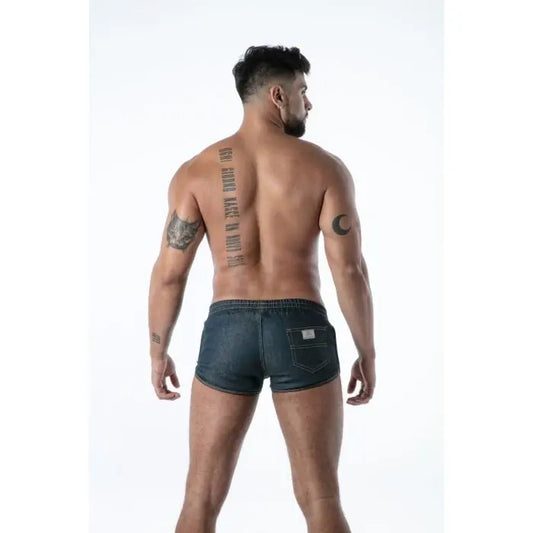 TOF Paris Raw Denim Retro Shorts blue low-rise drawstring fetish shorts rear view French-made