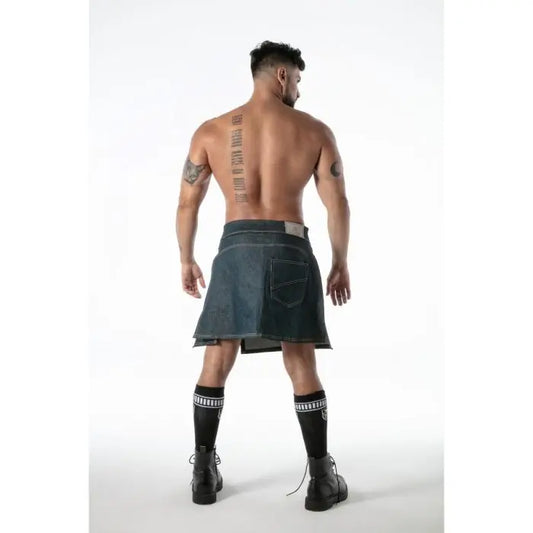 TOF Paris Raw Denim Zip Kilt blue open-sided fetish kilt rear view French-made