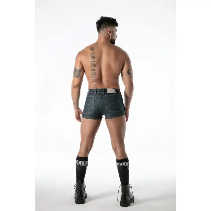 TOF Paris Raw Denim Tear-Away Shorts blue rear view low-rise fetish shorts French-made