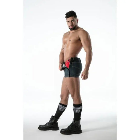 TOF Paris Raw Denim Tear-Away Shorts blue snap-open sides red lining revealed fetish shorts French-made