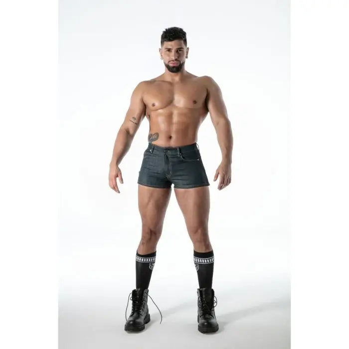 TOF Paris Raw Denim Tear-Away Shorts blue front view closed snap sides fetish shorts French-made