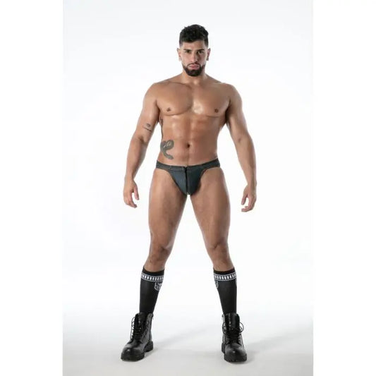 TOF Paris Raw Denim Zipped Bikini Brief blue front view zip closure low-rise fetish brief French-made
